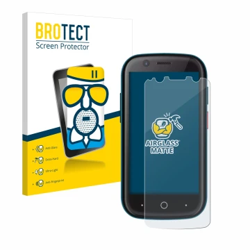 Parte frontal de un envase de producto con el logotipo de la marca BROTECT. Al lado se muestra el dispositivo Unihertz Jelly 2