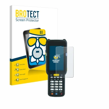 Parte frontal de un envase de producto con el logotipo de la marca BROTECT. Al lado se muestra el dispositivo Zebra MC3300X co