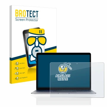 Parte frontal de un envase de producto con el logotipo de la marca BROTECT. Al lado se muestra el dispositivo Apple MacBook Ai