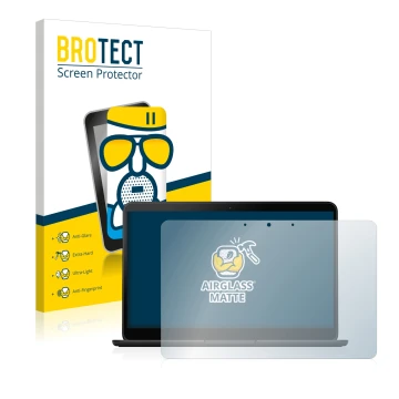 Parte frontal de un envase de producto con el logotipo de la marca BROTECT. Al lado se muestra el dispositivo Google Pixelbook