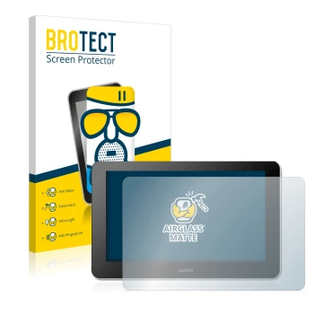 Parte frontal de un envase de producto con el logotipo de la marca BROTECT. Al lado se muestra el dispositivo Wacom One Creati