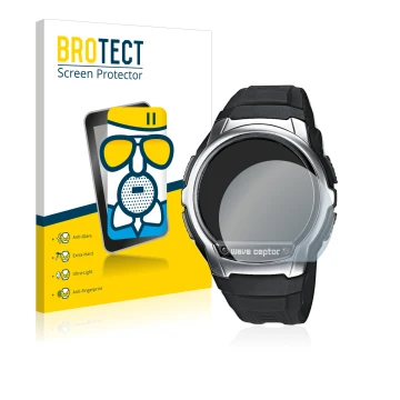 Parte frontal de un envase de producto con el logotipo de la marca BROTECT. Al lado se muestra el dispositivo Casio Wave Cepto