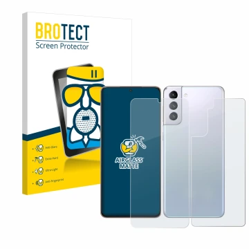 Parte frontal de un envase de producto con el logotipo de la marca BROTECT. Al lado se muestra el dispositivo Samsung Galaxy S