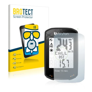 Parte frontal de un envase de producto con el logotipo de la marca BROTECT. Al lado se muestra el dispositivo Bryton Rider 15 