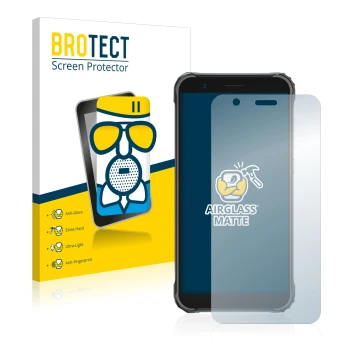 Parte frontal de un envase de producto con el logotipo de la marca BROTECT. Al lado se muestra el dispositivo Blackview BV4900
