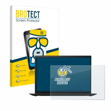 Parte frontal de un envase de producto con el logotipo de la marca BROTECT. Al lado se muestra el dispositivo Lenovo ThinkPad 