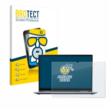 Parte frontal de un envase de producto con el logotipo de la marca BROTECT. Al lado se muestra el dispositivo Lenovo ThinkPad 