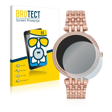 Parte frontal de un envase de producto con el logotipo de la marca BROTECT. Al lado se muestra el dispositivo Michael Kors Acc