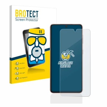 Parte frontal de un envase de producto con el logotipo de la marca BROTECT. Al lado se muestra el dispositivo Samsung Galaxy S