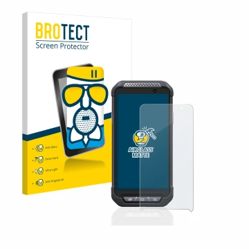Parte frontal de un envase de producto con el logotipo de la marca BROTECT. Al lado se muestra el dispositivo Point Mobile PM8