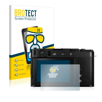 Parte frontal de un envase de producto con el logotipo de la marca BROTECT. Al lado se muestra el dispositivo Fujifilm X-E4 co