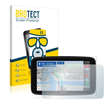 Parte frontal de un envase de producto con el logotipo de la marca BROTECT. Al lado se muestra el dispositivo TomTom GO Discov