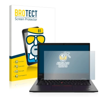 Parte frontal de un envase de producto con el logotipo de la marca BROTECT. Al lado se muestra el dispositivo Lenovo ThinkPad 
