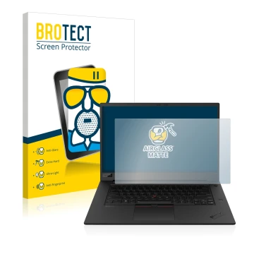 Parte frontal de un envase de producto con el logotipo de la marca BROTECT. Al lado se muestra el dispositivo Lenovo ThinkPad 