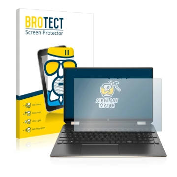 Parte frontal de un envase de producto con el logotipo de la marca BROTECT. Al lado se muestra el dispositivo HP Spectre x360 