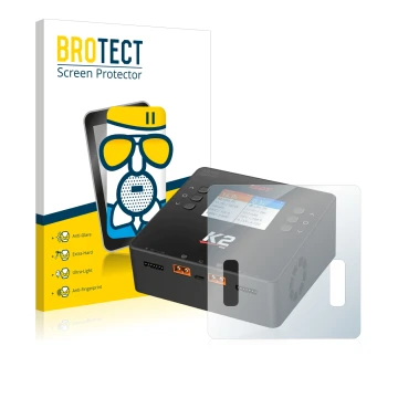 Parte frontal de un envase de producto con el logotipo de la marca BROTECT. Al lado se muestra el dispositivo ISDT Smart Duo C