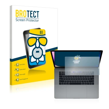 Parte frontal de un envase de producto con el logotipo de la marca BROTECT. Al lado se muestra el dispositivo Apple MacBook Pr