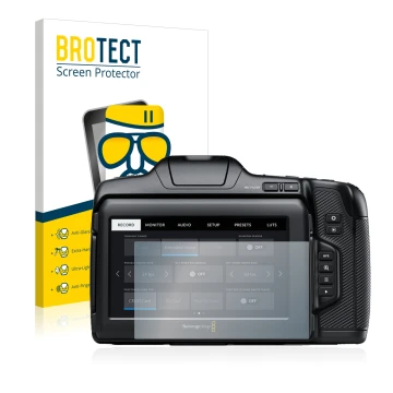 Parte frontal de un envase de producto con el logotipo de la marca BROTECT. Al lado se muestra el dispositivo Blackmagic Pocke