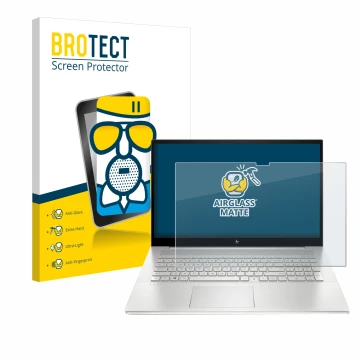 Parte frontal de un envase de producto con el logotipo de la marca BROTECT. Al lado se muestra el dispositivo HP Envy 17-cX co