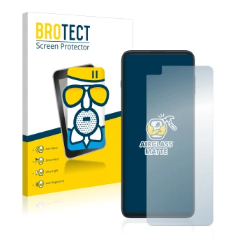 Parte frontal de un envase de producto con el logotipo de la marca BROTECT. Al lado se muestra el dispositivo Motorola G100 co