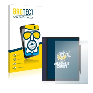 Parte frontal de un envase de producto con el logotipo de la marca BROTECT. Al lado se muestra el dispositivo Boox Note Air co