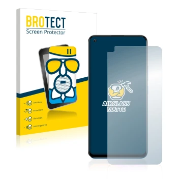 Parte frontal de un envase de producto con el logotipo de la marca BROTECT. Al lado se muestra el dispositivo realme 8 con su 