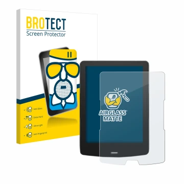 Parte frontal de un envase de producto con el logotipo de la marca BROTECT. Al lado se muestra el dispositivo inkBOOK Calypso 