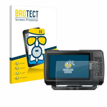 Parte frontal de un envase de producto con el logotipo de la marca BROTECT. Al lado se muestra el dispositivo Garmin Striker V