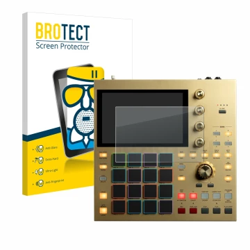 Parte frontal de un envase de producto con el logotipo de la marca BROTECT. Al lado se muestra el dispositivo Akai MPC One con