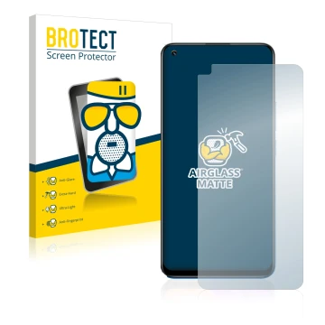 Parte frontal de un envase de producto con el logotipo de la marca BROTECT. Al lado se muestra el dispositivo realme 8 Pro con