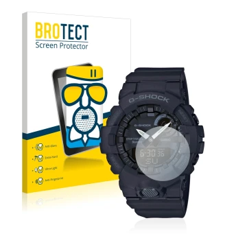 Parte frontal de un envase de producto con el logotipo de la marca BROTECT. Al lado se muestra el dispositivo Casio G-Shock GB