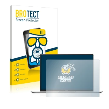 Parte frontal de un envase de producto con el logotipo de la marca BROTECT. Al lado se muestra el dispositivo Huawei MateBook 