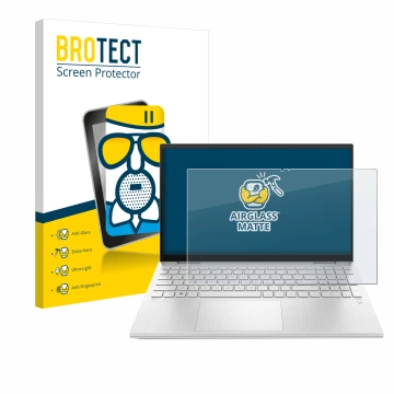 Parte frontal de un envase de producto con el logotipo de la marca BROTECT. Al lado se muestra el dispositivo HP Pavilion x360