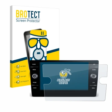 Parte frontal de un envase de producto con el logotipo de la marca BROTECT. Al lado se muestra el dispositivo Volkswagen Tigua