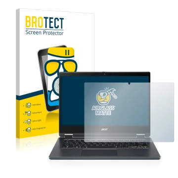 Parte frontal de un envase de producto con el logotipo de la marca BROTECT. Al lado se muestra el dispositivo Acer TravelMate 