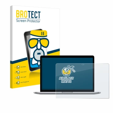 Parte frontal de un envase de producto con el logotipo de la marca BROTECT. Al lado se muestra el dispositivo Apple MacBook Pr