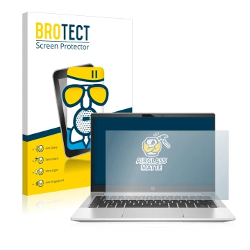 Parte frontal de un envase de producto con el logotipo de la marca BROTECT. Al lado se muestra el dispositivo HP ProBooks 430 