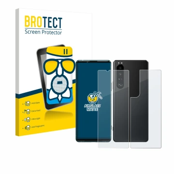 Parte frontal de un envase de producto con el logotipo de la marca BROTECT. Al lado se muestra el dispositivo Sony Xperia 5 II