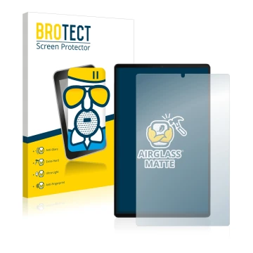 Parte frontal de un envase de producto con el logotipo de la marca BROTECT. Al lado se muestra el dispositivo Lenovo Tab M10 F