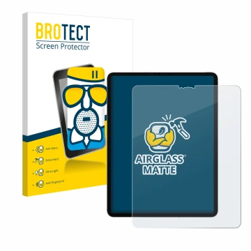 Parte frontal de un envase de producto con el logotipo de la marca BROTECT. Al lado se muestra el dispositivo Apple iPad Pro 1