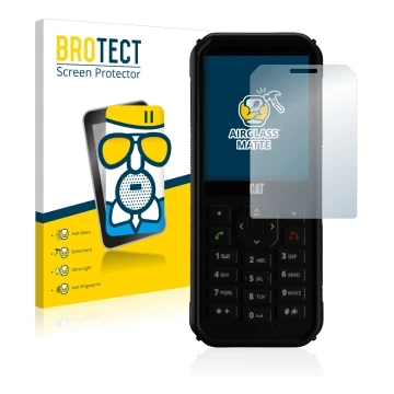 Parte frontal de un envase de producto con el logotipo de la marca BROTECT. Al lado se muestra el dispositivo Caterpillar Cat 