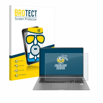 Parte frontal de un envase de producto con el logotipo de la marca BROTECT. Al lado se muestra el dispositivo LG gram 17'' 202