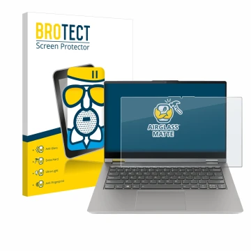 Parte frontal de un envase de producto con el logotipo de la marca BROTECT. Al lado se muestra el dispositivo Lenovo ThinkBook