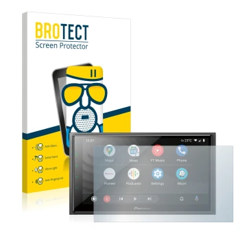 Parte frontal de un envase de producto con el logotipo de la marca BROTECT. Al lado se muestra el dispositivo Pioneer SPH-EVO6