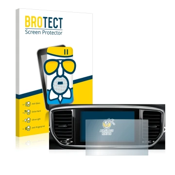 Parte frontal de un envase de producto con el logotipo de la marca BROTECT. Al lado se muestra el dispositivo Kia Sportage QLP