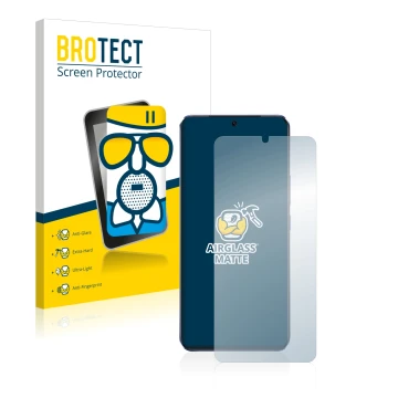 Parte frontal de un envase de producto con el logotipo de la marca BROTECT. Al lado se muestra el dispositivo Vivo V21 5G con 