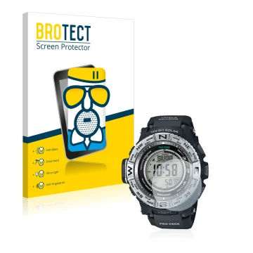 Parte frontal de un envase de producto con el logotipo de la marca BROTECT. Al lado se muestra el dispositivo Casio Pro Trek P