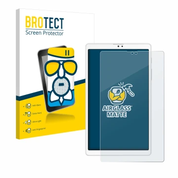 Parte frontal de un envase de producto con el logotipo de la marca BROTECT. Al lado se muestra el dispositivo Samsung Galaxy T