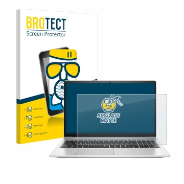 Parte frontal de un envase de producto con el logotipo de la marca BROTECT. Al lado se muestra el dispositivo HP ProBook 450 G