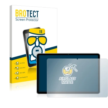 Parte frontal de un envase de producto con el logotipo de la marca BROTECT. Al lado se muestra el dispositivo Huawei MatePad 1